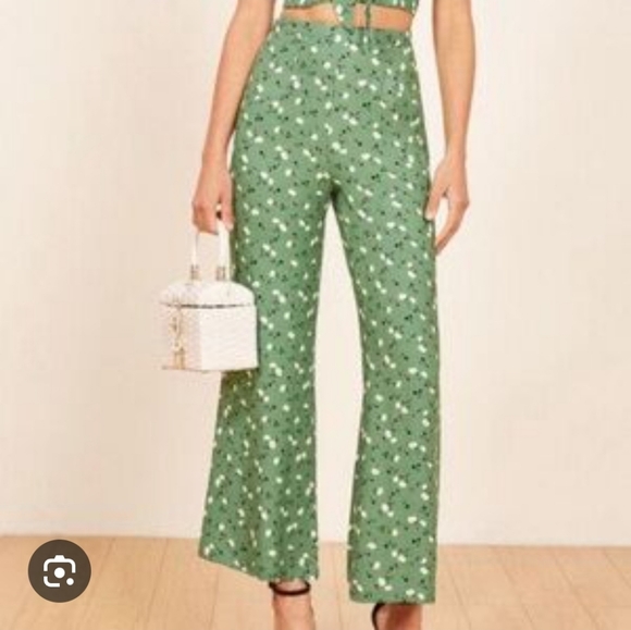 Reformation Pants - Reformation Green Floral Wide Leg Flowy Pants Size 12